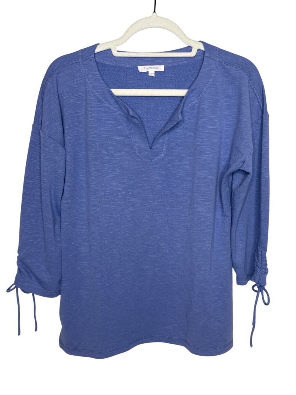Talbots Blue Ruched Sleeve Top Womens Small Stretch Knit Casual Shirt